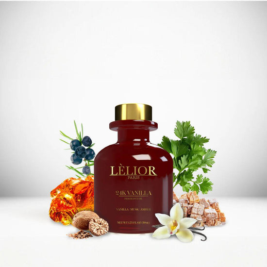 24K VANILLA Fragrance Oil displayed with surrounding fragrance notes, featuring a 50mL burgundy glass bottle that highlights the rich, aromatic blend.