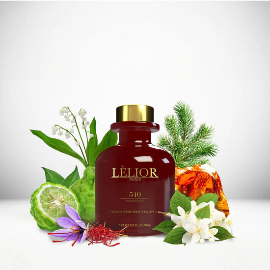 540 Fragrance Oil displayed with surrounding fragrance notes, featuring a 50mL burgundy glass bottle that highlights the rich, aromatic blend.