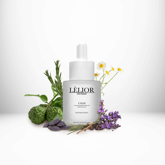Aromatherapy 20ml clear frost bottle with fragrance notes around Essential Oil calm.