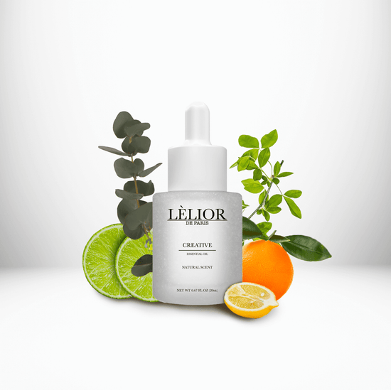Aromatherapy 20ml clear frost bottle with fragrance notes around Essential Oil Creative.