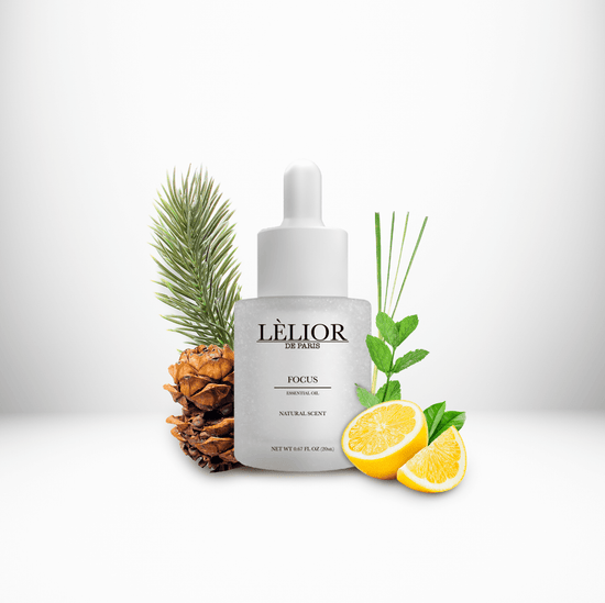 Aromatherapy 20ml clear frost bottle with fragrance notes around Essential Oil Focus.