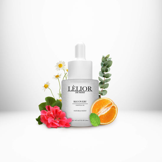 Aromatherapy 20ml clear frost bottle with fragrance notes around Essential Oil Recovery.