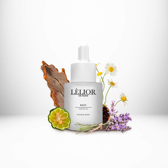Aromatherapy 20ml clear frost bottle with fragrance notes around Essential Oil Rest.