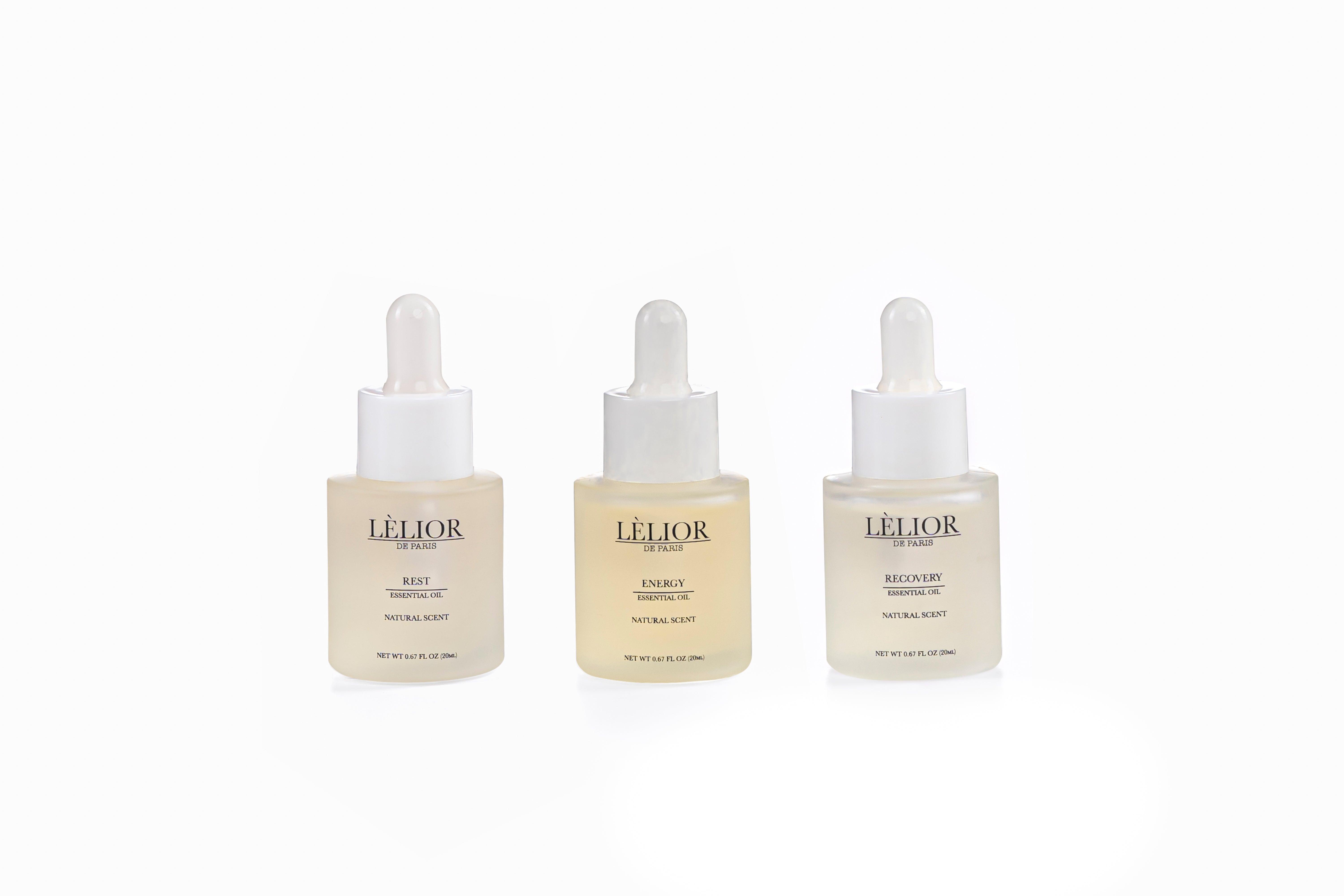 Aromatherapy three 20ml bottles, Rest, Energy, Recovery white backround Essential oils for Home scent diffusers