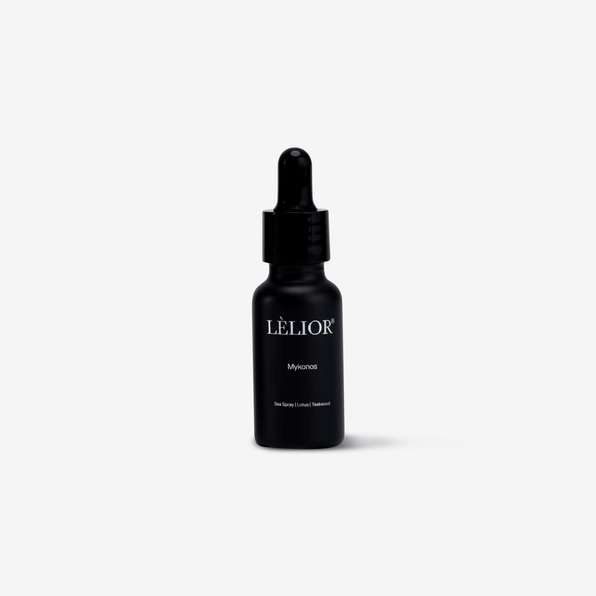 Luxury Candle fragrance oil 20ml glass black bottle Mykonos. white backround.