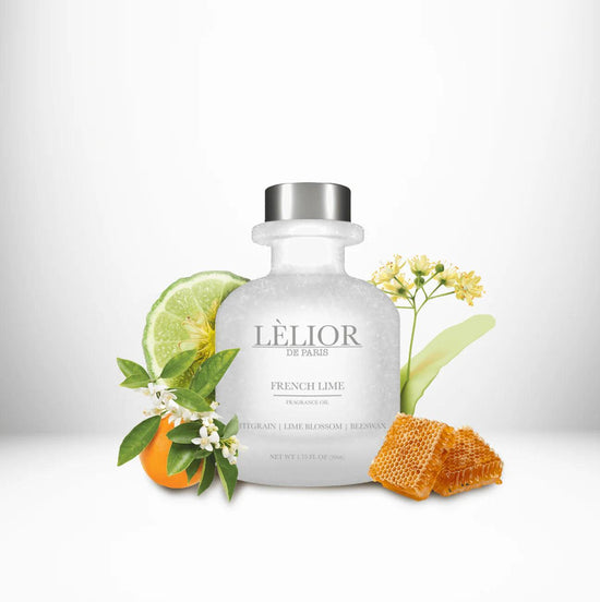 FRANCE LIME Fragrance Oil displayed with surrounding fragrance notes, featuring a 50mL clear front glass bottle that highlights the rich, aromatic blend.