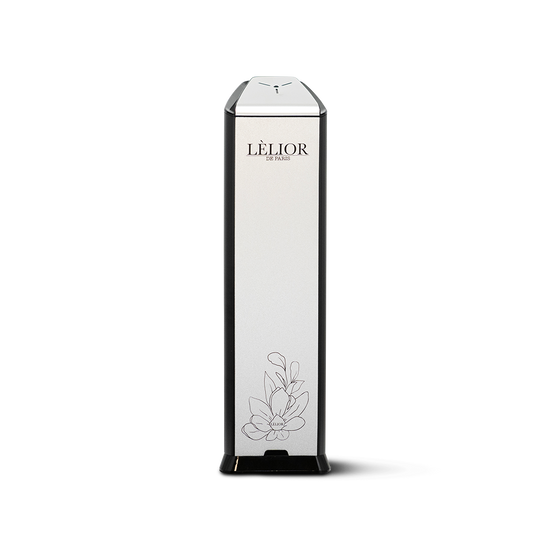 A tall, silver Le Cousteau HVAC diffuser with a sleek design, featuring the brand name and Lèlior brand name and floral logo pattern on the front.