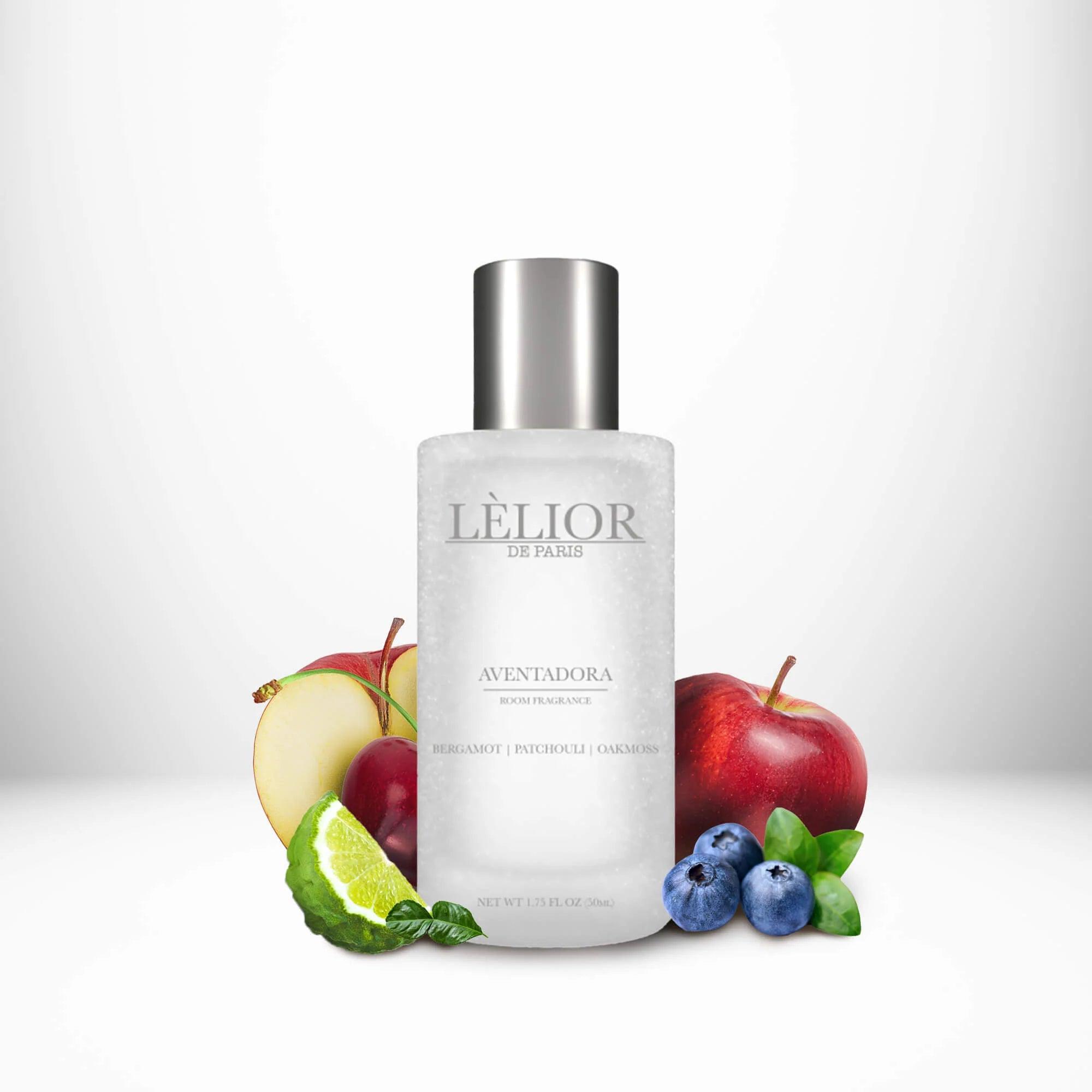 Luxury 50ml frost glass bottle with silver lettering. Aventadora scent. Notes of bergamot, patchouli, and oakmoss. white background